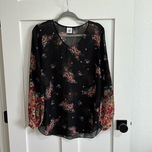 Cabi Womens M Blooming Blouse Long Sleeve Semi Sheer Floral Top Black Multicolor